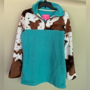 Southern Fried Chics - Teal/cowprint sherpa with pockets - size S